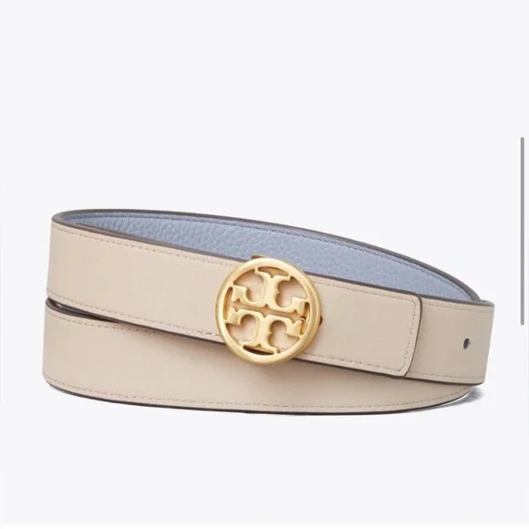 Tory Burch 1" wide Reversible Double T Belt Blue Beige Cloud Blue Longan Gold - Picture 3 of 9